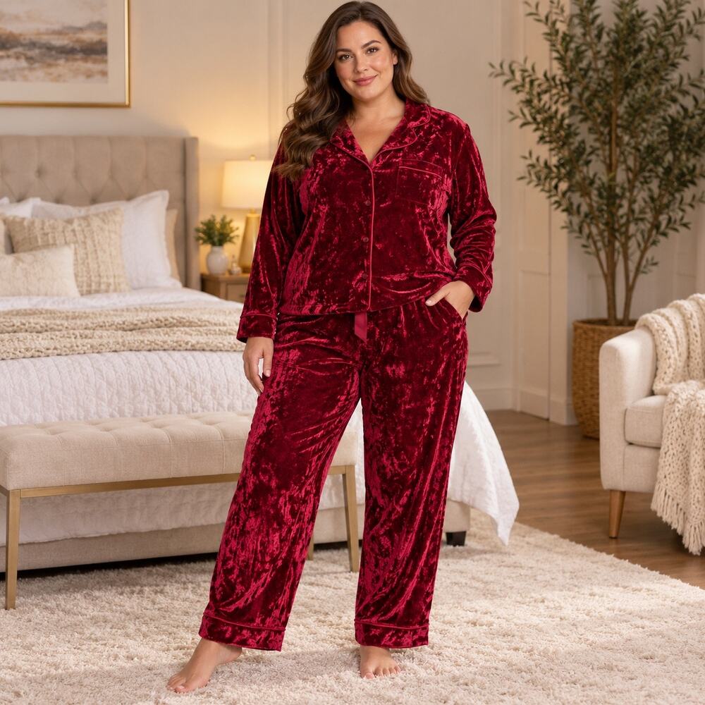 Lord & Taylor Womens XXL Red Crushed Velvet Pajama Set Lounge Sleepwear